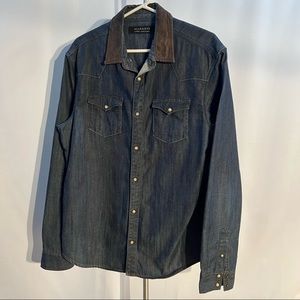 Mens Allsaints denim shirt with leather collar. Size (L)